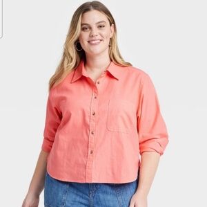 Women's Long Sleeve Collared Button-Down Shirt - Universal Thread Coral Pink XXL